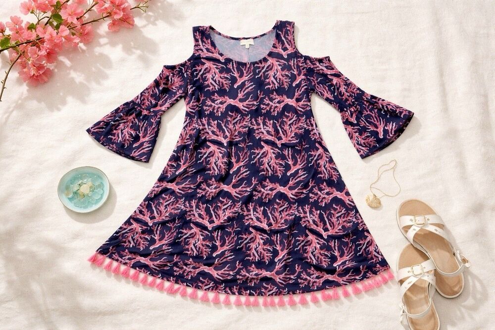 Coral Print Cold Shoulder Bell Sleeve Tassel Hem Coastal Beach Mini Dress XL